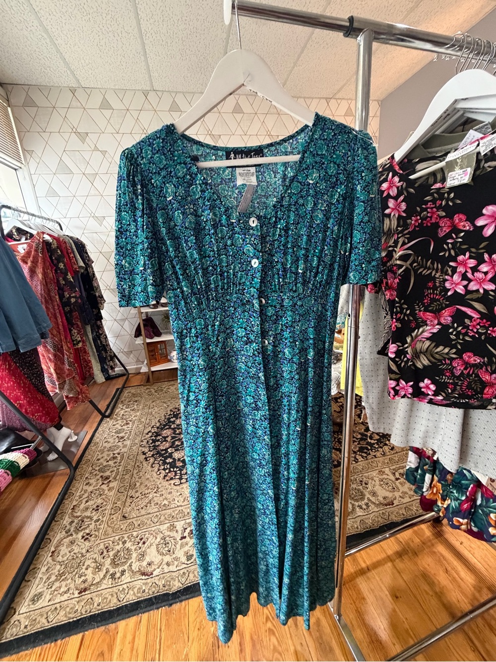 All that Jazz Teal Floral Midi Dress with Button Front